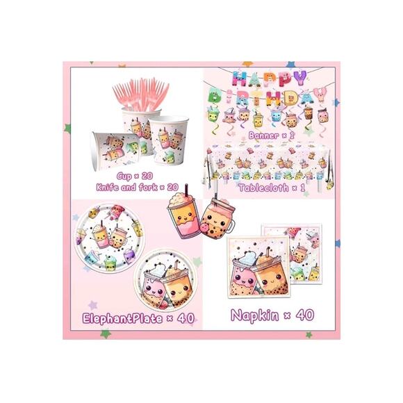 Boba Tea Party Decorations,Bubble Tea Birthday Tableware Set Include Plates Cups - Picture 4 of 8